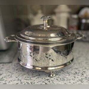 Vintage Arcoroc France Glass Casserole Dish with Silver Plated Lidded Holder